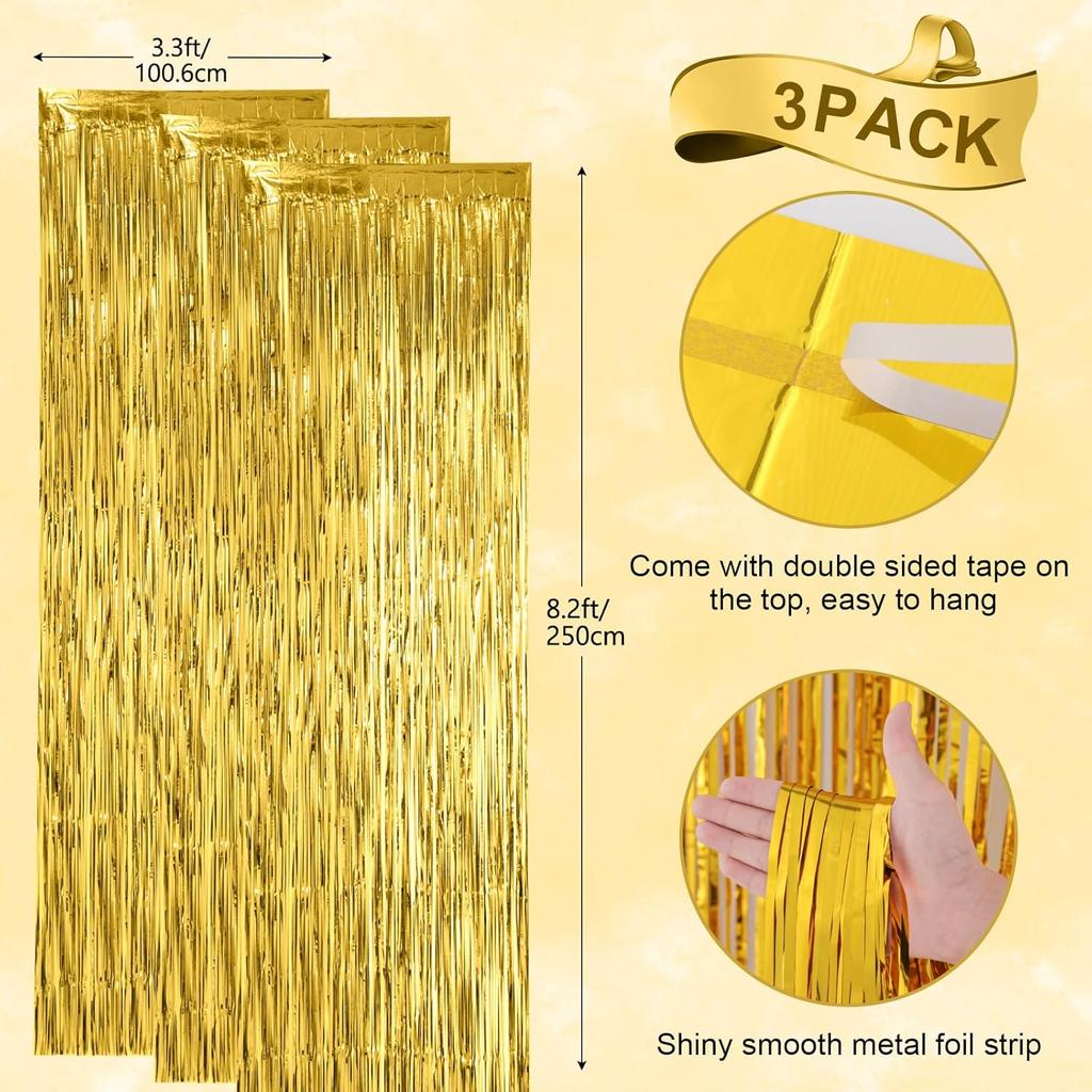 3 Pack 3.3x8.2 Feet Gold Foil Fringe Backdrop Curtains, Tinsel Streamers, Fringe Backdrop for 2025 New Years Eve, Graduation, Birthday, Baby Shower,
