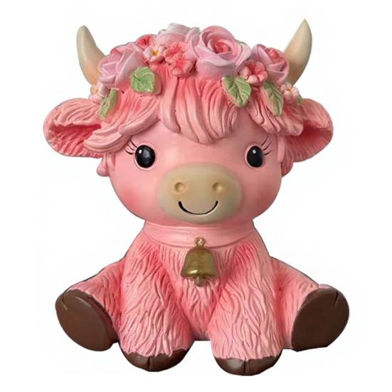 Pink Highland Cow Figurine Resin Highland Cow Statue Small Cute Cattle Sculpture