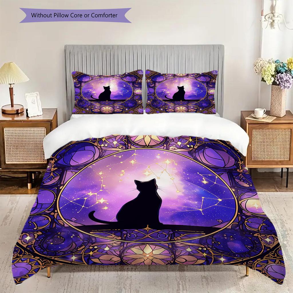 Black Cat Pattern Bedding Quilt Set Quilt Cover Pillowcase Home Decoration Birthday Gift (1 * Duvet Cover + 2 * Pillowcase, Without Core)