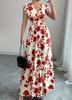 Rose Print V-neck Short-sleeved Slim Dress - Elegant Summer Women's Clothing 2026