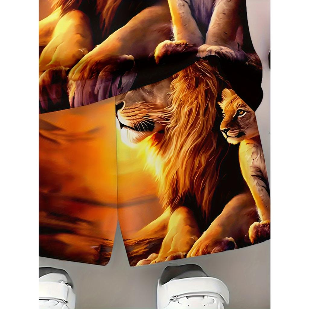 Boys' 3D Lion Printed Casual Set - Bright Cuff T-shirt and Shorts Combination, Casual Headset