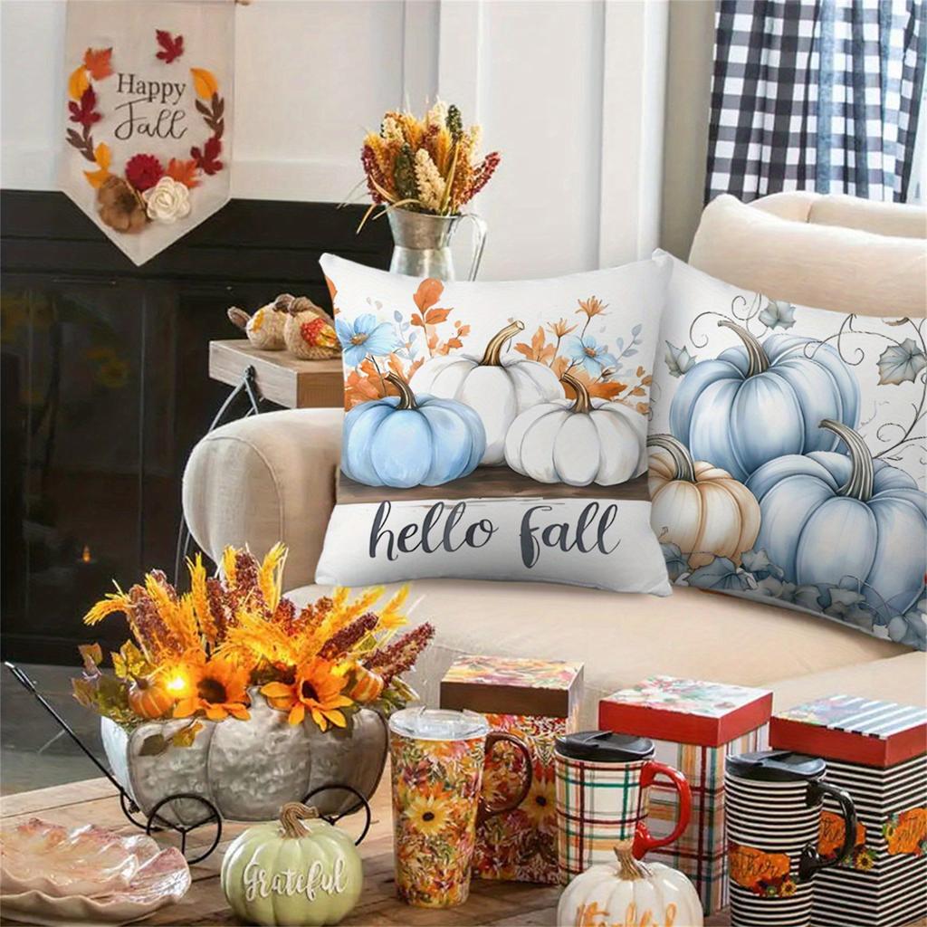 Hello Fall Blue Pumpkin Floral Leaf Autumn Pillow Covers 4Pcs Bedding Suitable For Bed Sofa Bedroom