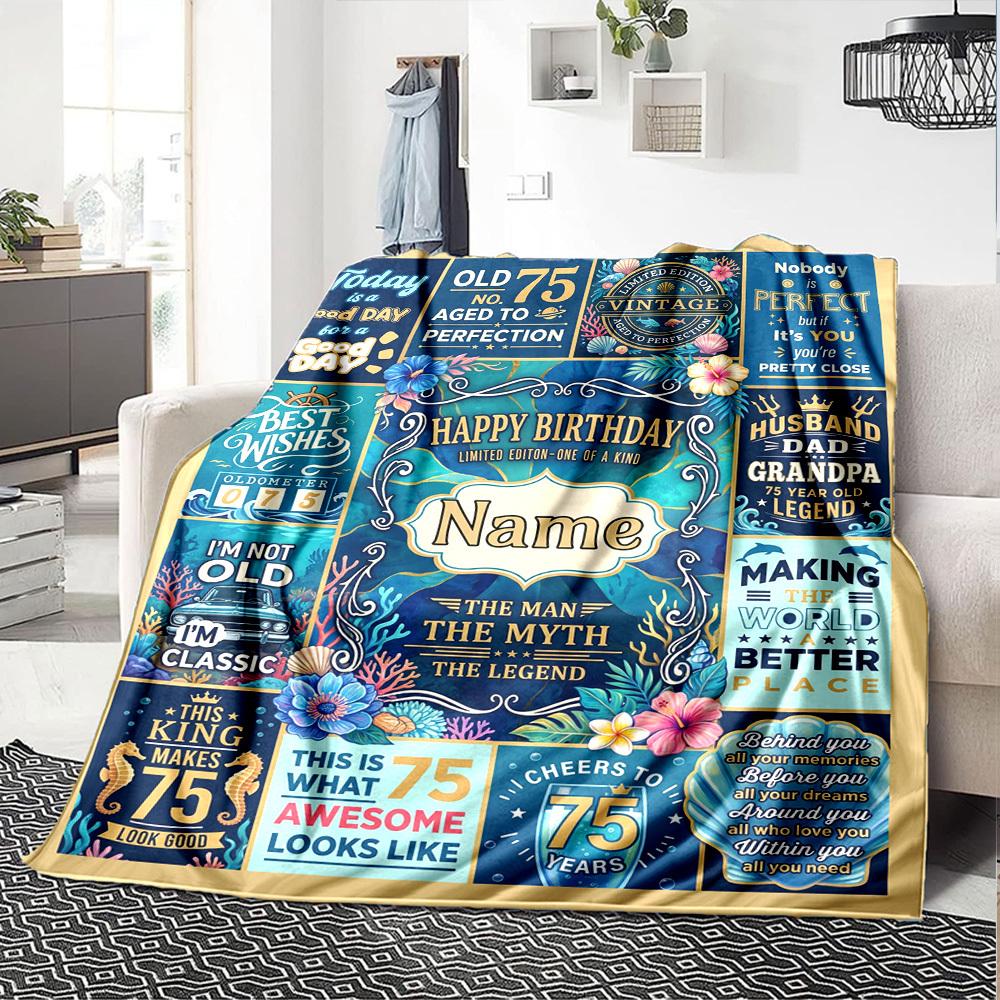 75Th Birthday Celebration Blanket Personalized Name Soft Warm And Versatile For Sofa Bed Office And Travel Machine Washable Comfortable In All Seasons