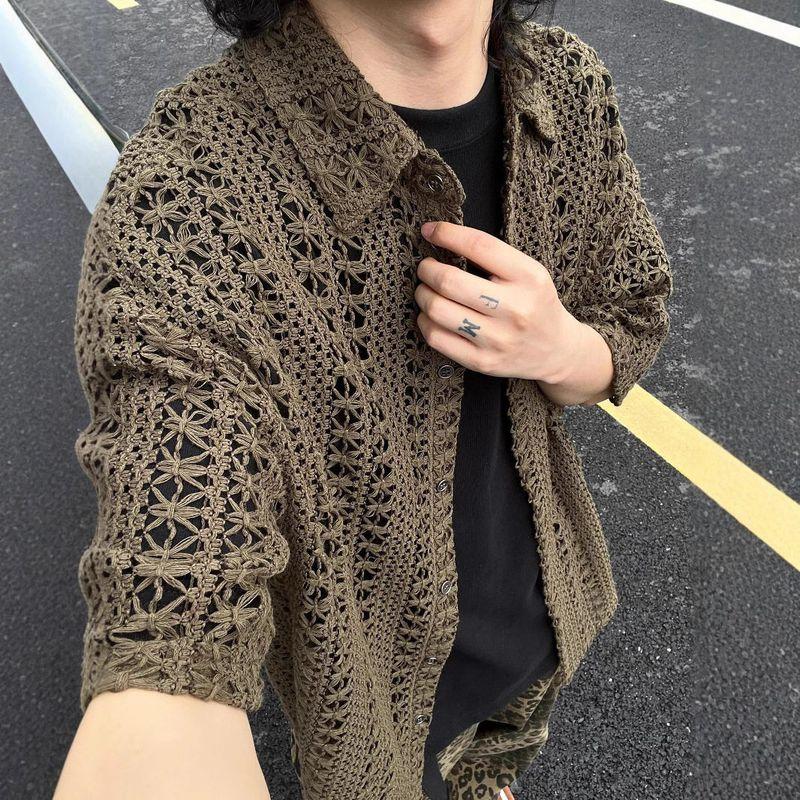 

Factory Direct Sales Green Cut-out Shirt Outerwear Men s Short Sleeve Summer Thin American vintage Holiday Style Half Sleeve Foreign Trade Green 2XL