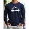 Men's 100% Polyester Loose Fit Comfortable Casual Sports Mountain Reflection Pattern Printed Round Neck Long Sleeved T-shirt