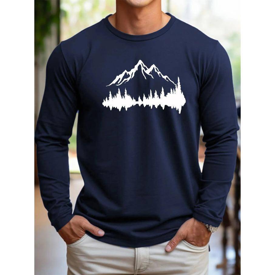 Men's 100% Polyester Loose Fit Comfortable Casual Sports Mountain Reflection Pattern Printed Round Neck Long Sleeved T-shirt
