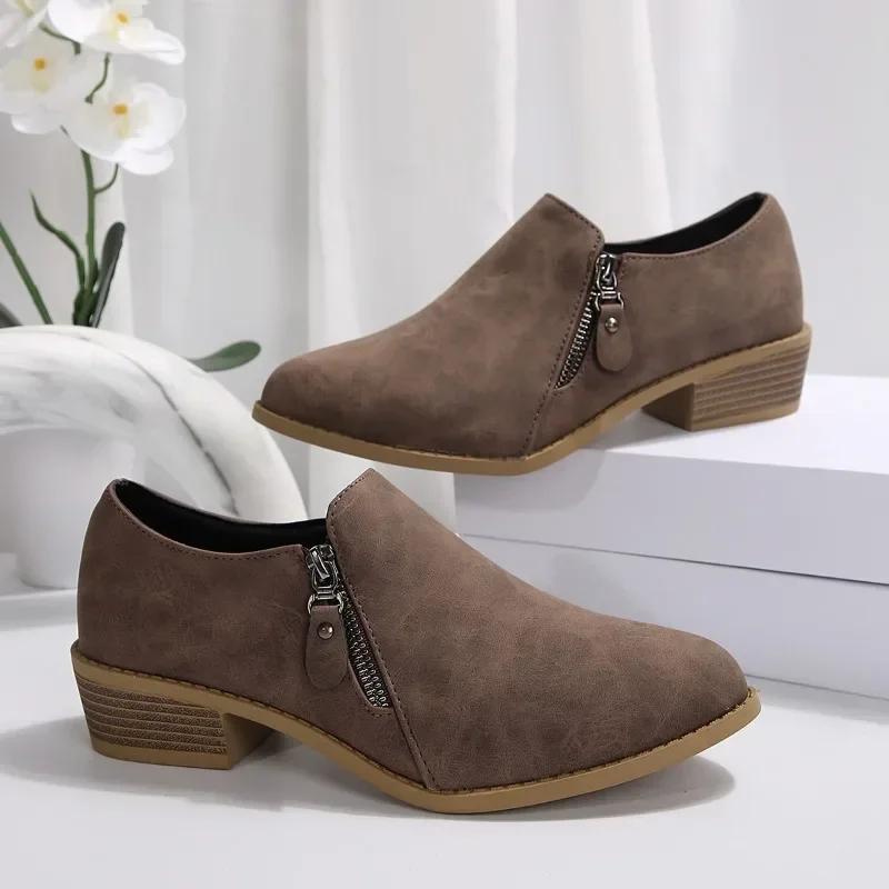 Fashion 2024 Fashionwomens Shoes Zipper Design Springandautumnnew Style Pointed Toe Solid Color Mid-heel Casual Large Size Women's Shoes