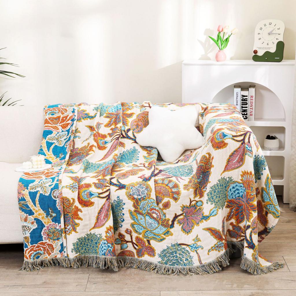 Floral Gauze Cotton Towel Blanket, Sofa Towel With Tassel, Bedspread, 150*200 Cm, 200*230 Cm, Delicate