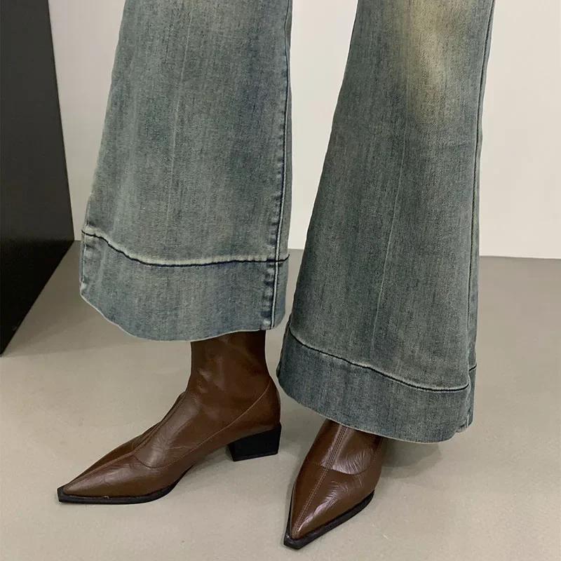 Pointed Toe Women Slim Ankle Boots Fashion Square Low Heel Ladies Elegant Back Zippers Short Booties Women'S Footwear