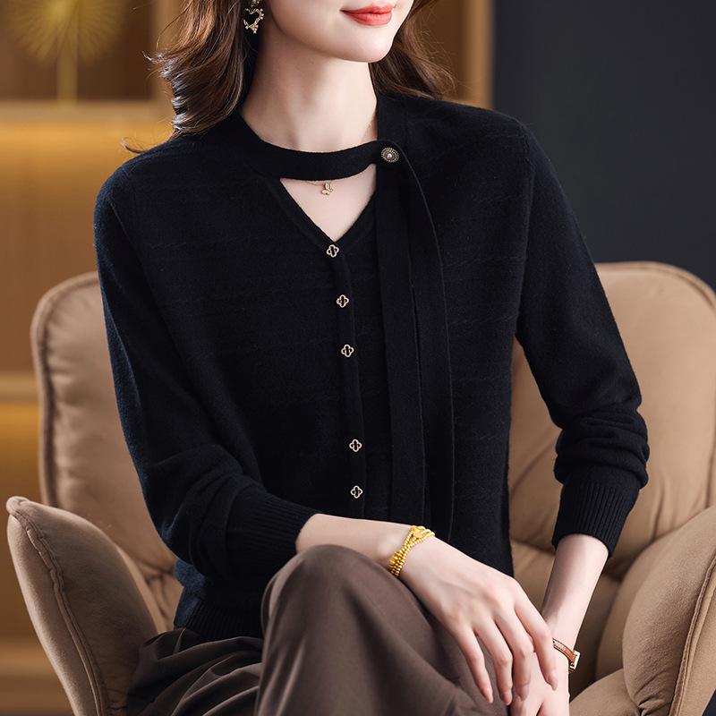 

Mom s Versatile Autumn Wool Cardigan - Stylish Tie Sweater for Middle-aged and Elderly Women 120 (54-63 kg) чорний