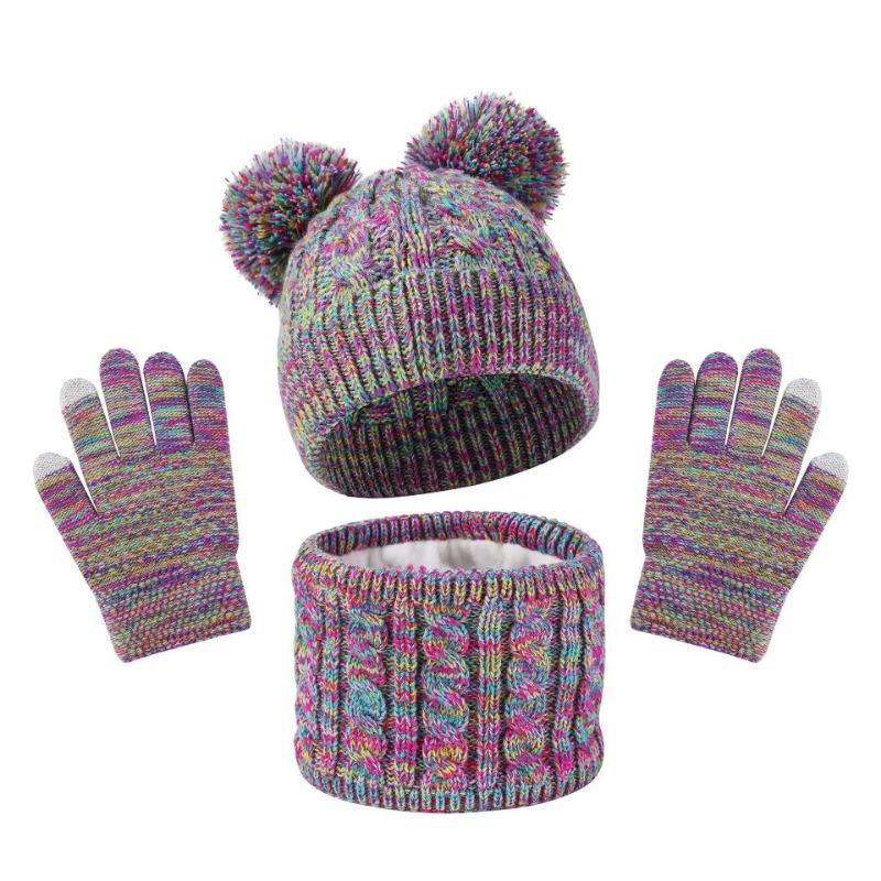 Winter Warm Kids Hat Scarf Gloves Set Thickened Knit Pom 3 In 1 Sets Children Windproof Warmer Neck Protection For Outside