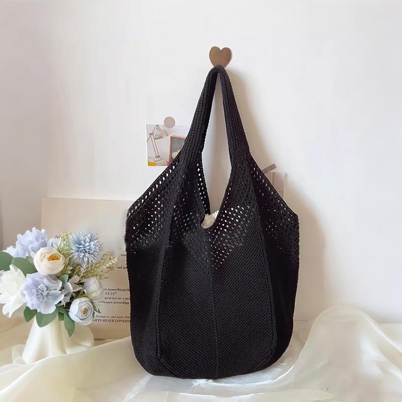 Yogodlns Casual Hollow Women Shoulder Bag Solid Color Large Capacity Summer Woven Beach Bag Foldable Handmade Crochet Tote Bag
