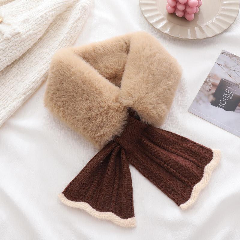 Knit Fishtail Plush Neck Warmer Women Autumn Winter Cross Faux Rabbit Fur Cute Versatile Student Premium Scarf