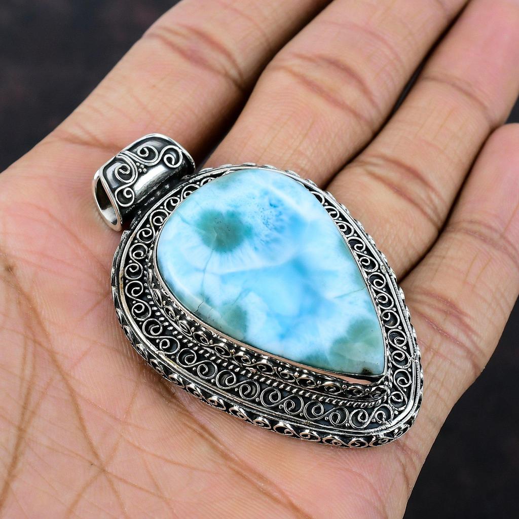 Pandantiv cu pietre prețioase Larimar Pandantiv vintage Pandantiv din argint 925 Bijuterii naturale Larimar Pandantiv lucrat manual Cadou de logodna Pandantiv delicat