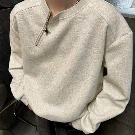 

Men s Autumn/Winter Half-Zip Patchwork Pullover: Round Neck, Solid Color, Casual Loose Fit. M сірий колір/абрикосовий