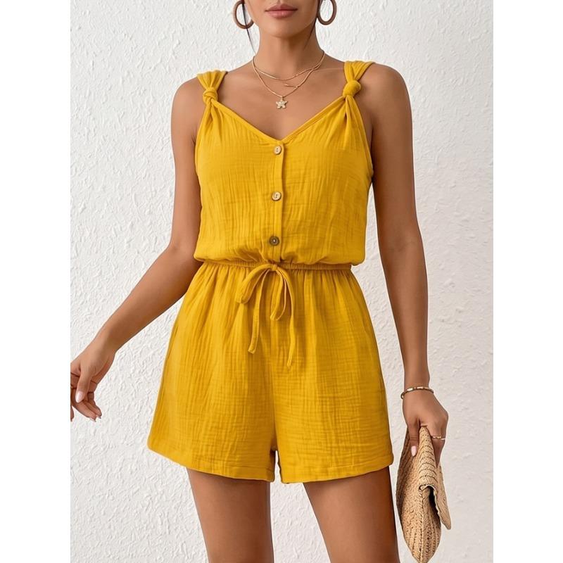 Damen Unifarben Strukturiert Verdrehte Träger Lässig Urlaub Kordelzug Ärmellos Jumpsuit Shorts