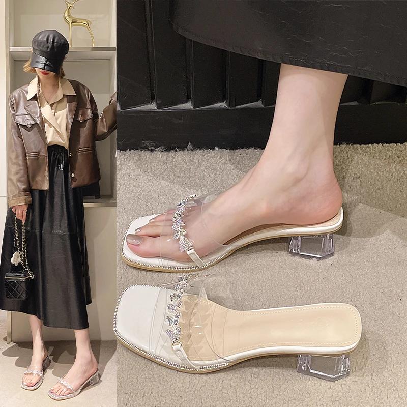 Průhledné sandály s rybími ústy, dámské vysoké podpatky, tenký podpatek, rhinester, víla, vítr, nové letní pantofle s vysokými podpatky