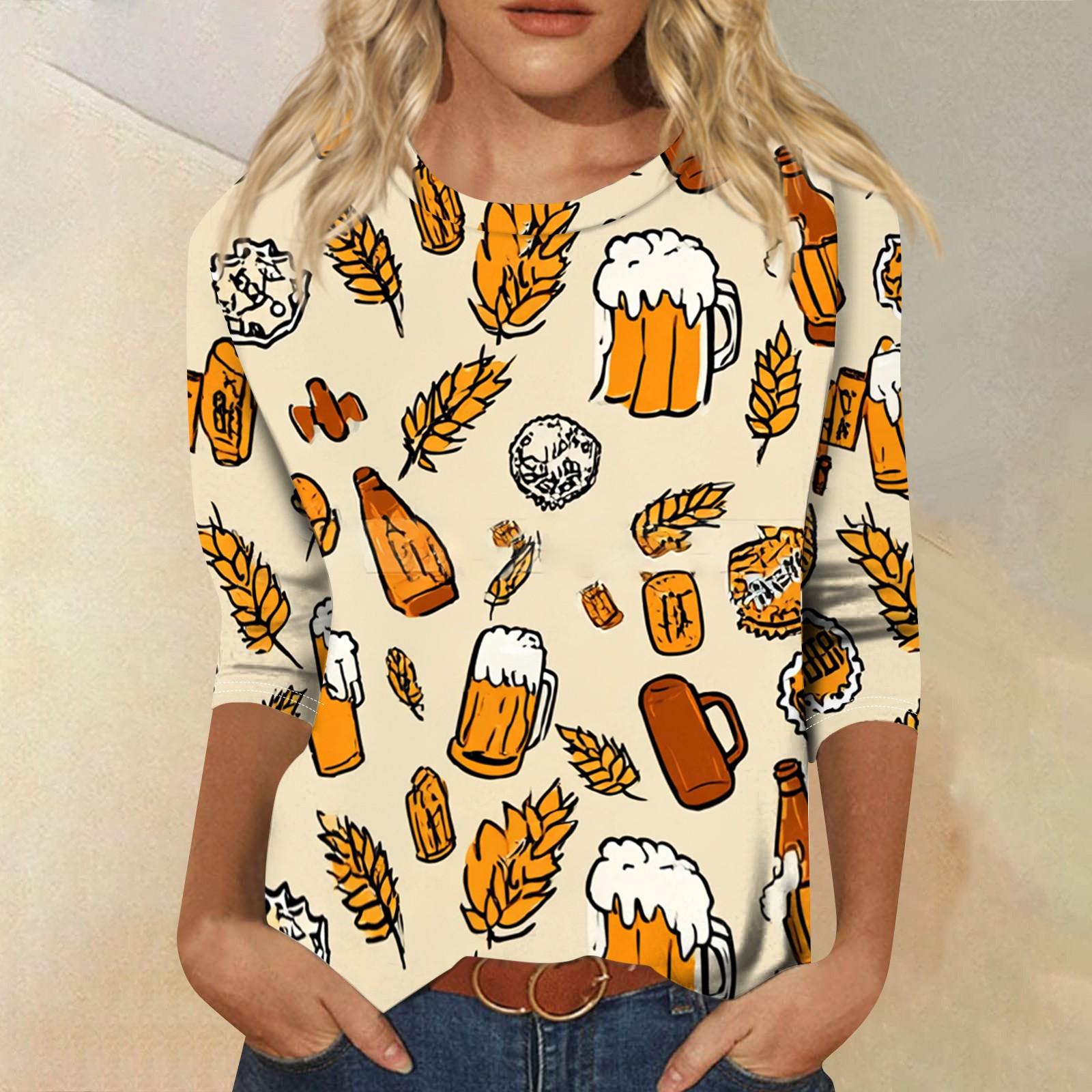 

Womens Casual Crewneck Three Quarter Sleeve Relaxed Fit Printed T Shirt Top with Festival Themed Pattern for Daily Wear XXXXL хакі