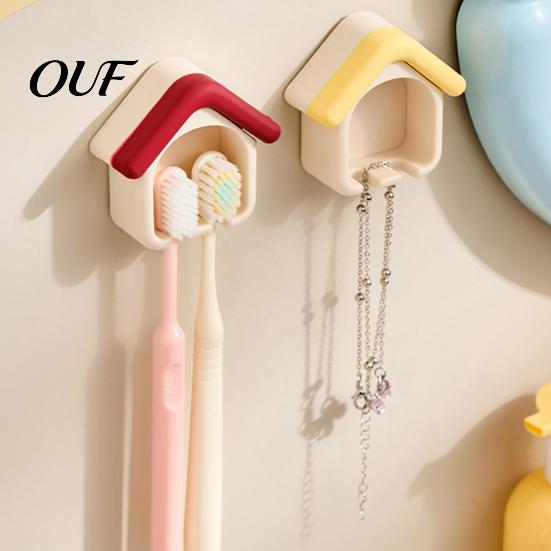 Non Marking Wall Hook Cartoon House Toothbrush Holder, Mounted Bathroom Organizer, Suspended Adhesive Mount Drainage Drying Rack for Electric