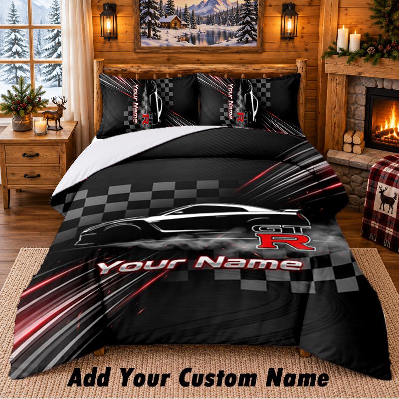 Nissan GT-R Pattern Bedding 3Pcs Set Custom Name, Bed Sheet And Pillowcases For Home Bedroom