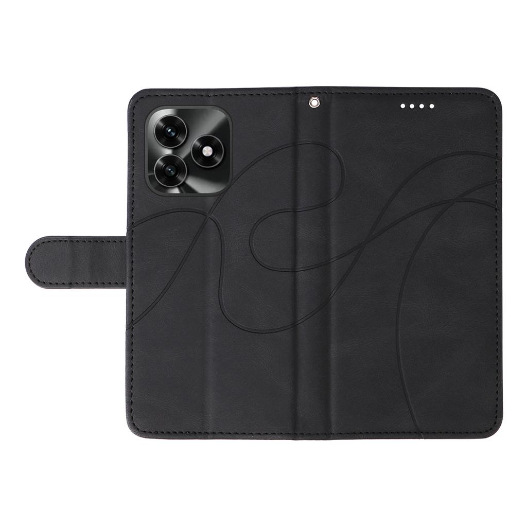For Honor X5c Plus 4G Wallet Case Leather Phone Cover Stand with Curved Line Design -  Black
