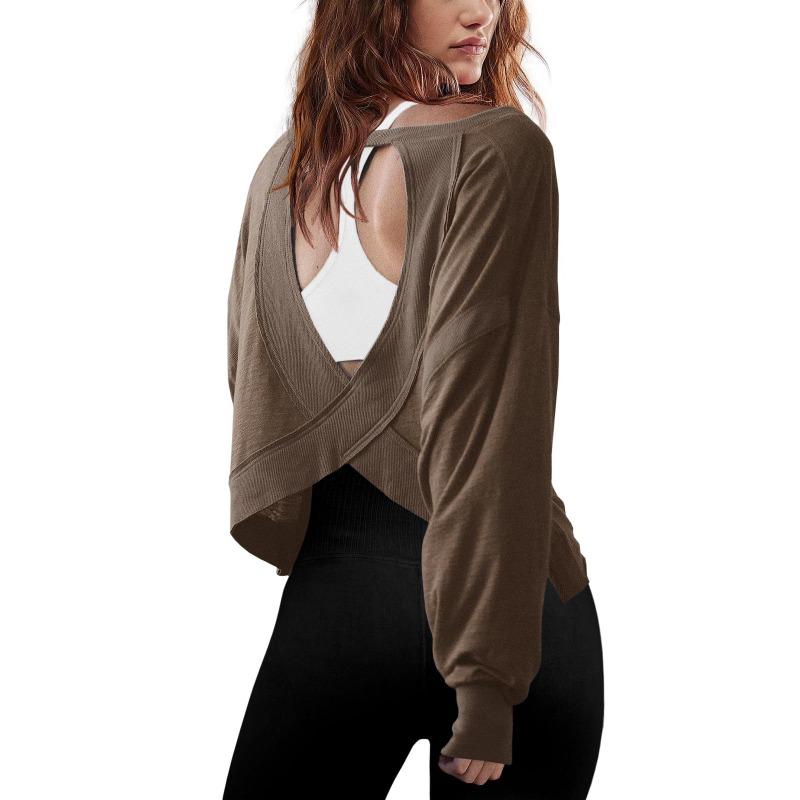 Women's Loose Long Sleeved Backless Women's Top Age Reducing Hollow Out Short Round Neck Women's T-shirt