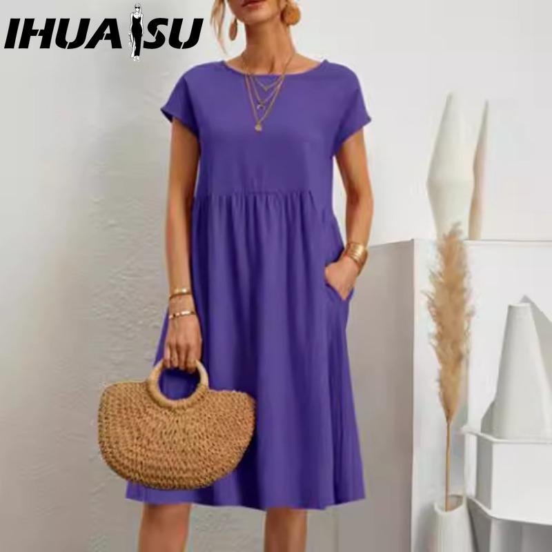IHUASU Women's Fashion Summer Spring Solid Color Print O-Neck High Waist Casual Dresses