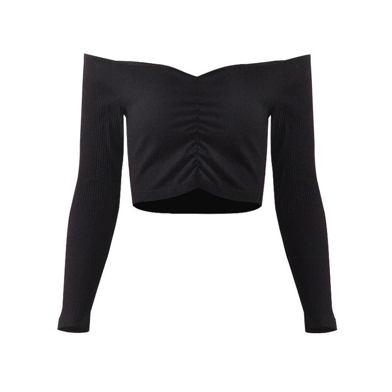 European and American women's clothing bottoming shirt slim-fitting open-navel long-sleeved t-shirt women's design sense one-word shoulder top women's