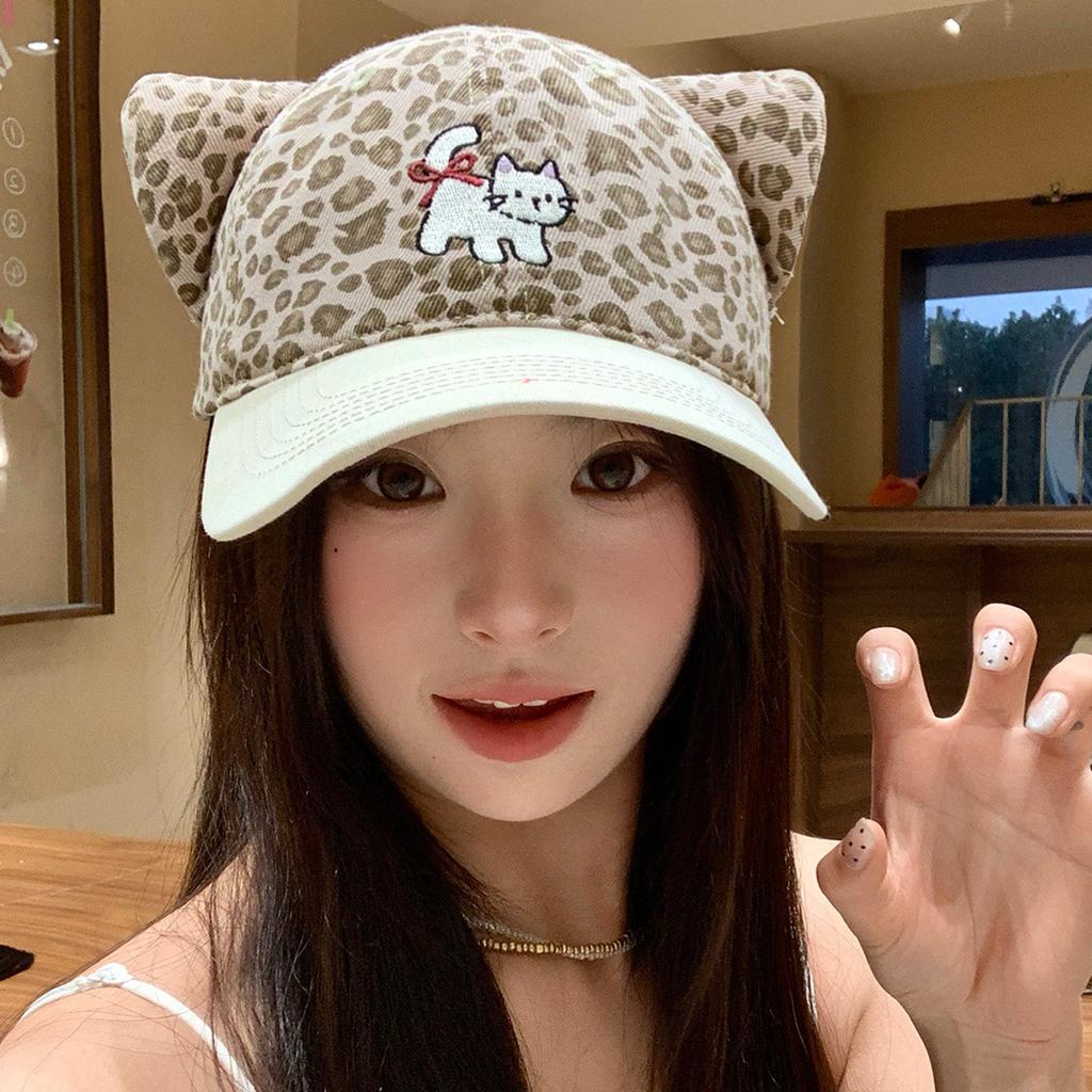 Sweet and cute leopard print cat ears cap female sweet and cool wide brim enlarged baseball cap fashionable big head circumference hat