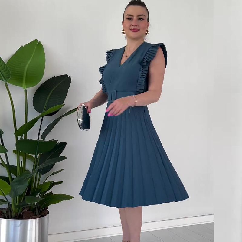 

Европейское и американское платье 2024 года с V-образным вырезом, без рукавов, с высокой талией и плиссировкой для женщин Medium океан синий