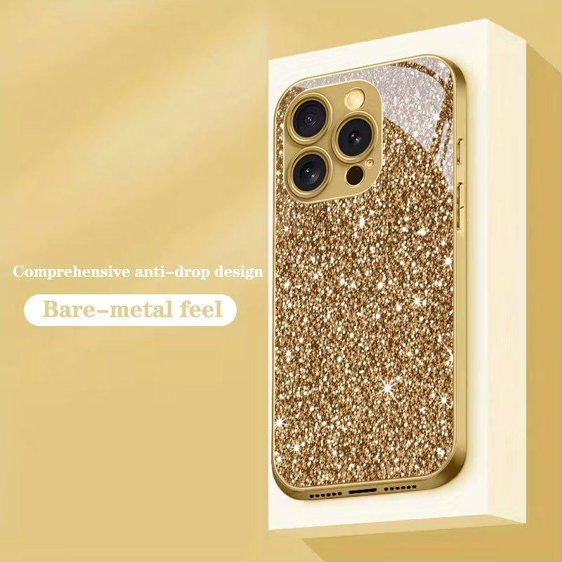 Funkelndes Sternenmuster Gold Metallic Lack Glas Handyhülle für iPhone 17 16 15 14 13 12 11 Pro Max 15 Plus 17Air 16E Cover