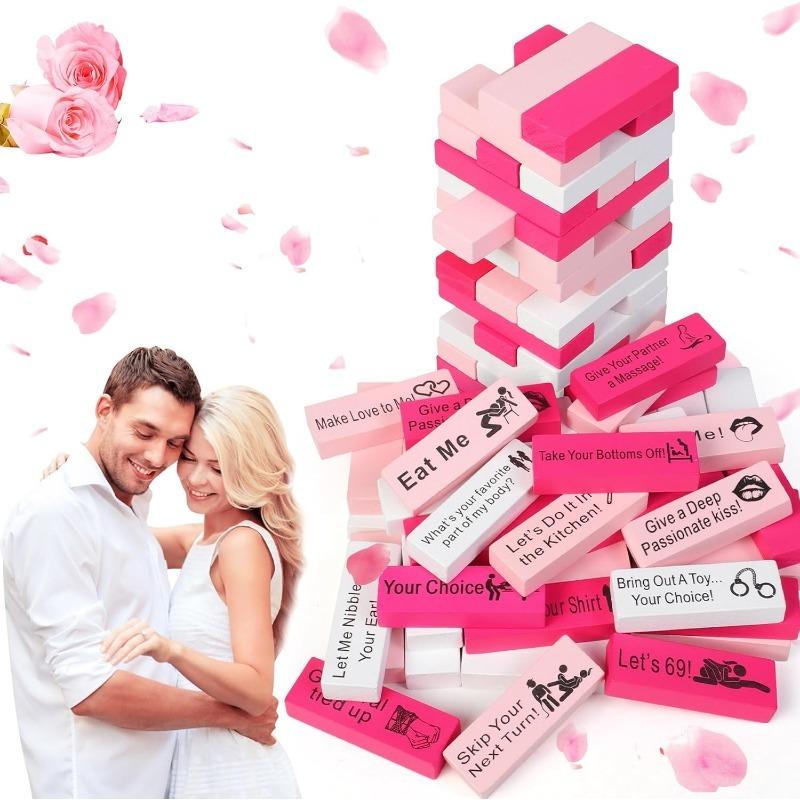 Juego para Parejas para Adultos, 48 piezas Juego de Torre de Lujuria de Madera Rosa para Ideas Traviesas para Noche de Citas y Regalos Divertidos para Parejas para Ella, Regalo Único de Juegos de Apilamiento