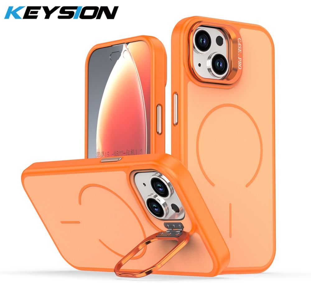 

KEYSION Matte Skin Feel Lens Stand Phone Case for Magsafe for iPhone 13 14 15 Pro Max 15 Plus Magnetic Wireless Charging Shockproof Cover for iPhone 15 оранжевый