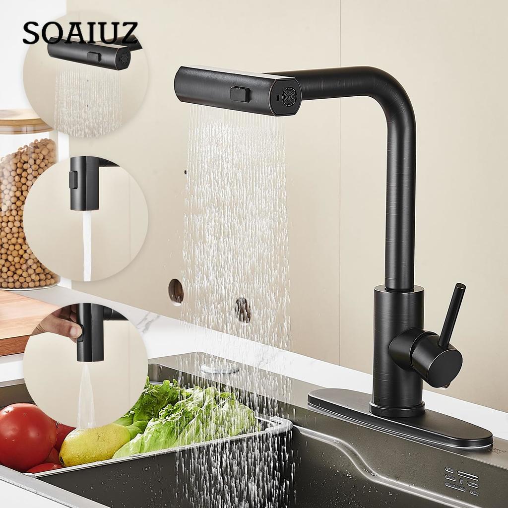 Kitchen Faucet with Pull Down Sprayer, Black Waterfall Touch Single Hole Stainless Steel Kitchen Sink Faucet American Standard