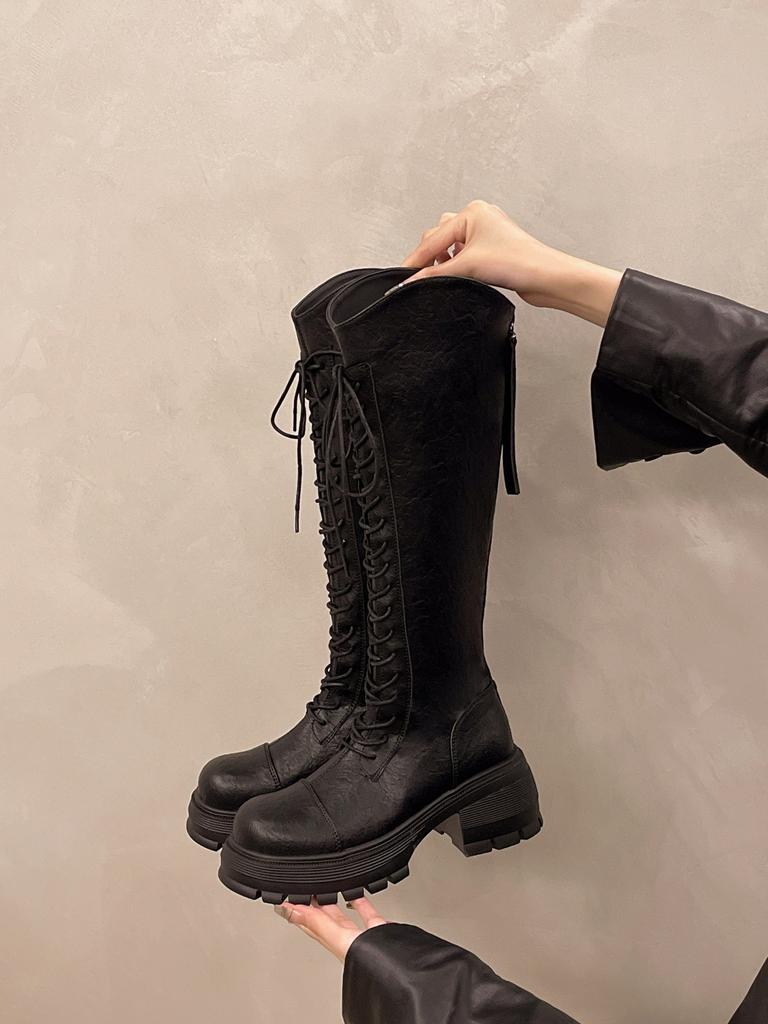 Thick-soled heightening boots women's new lace-up knee-length rider boots high-top slimming temperament boots for women in the fall of 2025