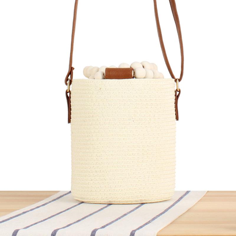 2025 Women Fashion Leisure Handmade Woven Handbags Wooden Beads Handle Bucket Bag Lady Trendy Shoulder Beach Bags