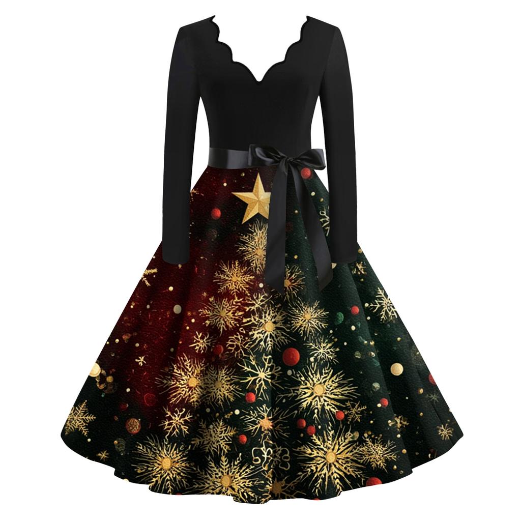 Damen Lässig Und Modisch V-Ausschnitt Langärmlig Weihnachten Bedrucktes Kleid