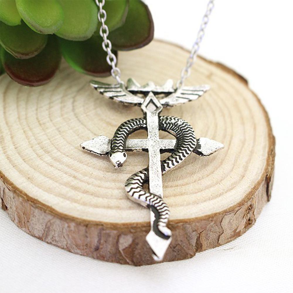 Fullmetal Alchemist Edward Elric Chain Pendant Fashion Dragon Wing with Cross Necklace Punk Style Cross Necklace Accessories