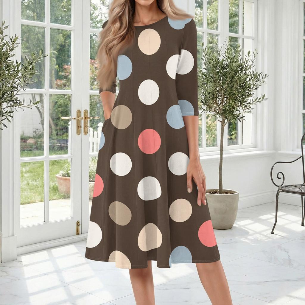 Women's Casual Fashion Round Neck Three Quarter Sleeve Polka Dot Printed Mid Length Dress Comfortable Loose Fit Everyday Wear