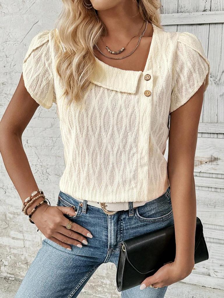 Top da donna alla moda a maniche corte con scollo obliquo piccolo, tinta unita, temperamento