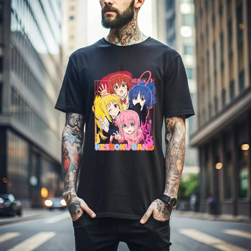 100% cotton TOPS UNISEX TEES MENS WOMENS Bocchi the Rock Kessoku Band Unisex Black T-Shirt Anime Manga 395