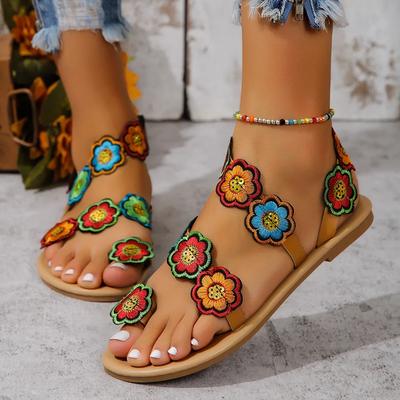 Fashion Yellow Embroidered Faux Flower Fashion Sandals Peacock Flat Plus Size 43 Summer Outdoor Beach Shoes Travel Mom Shoes