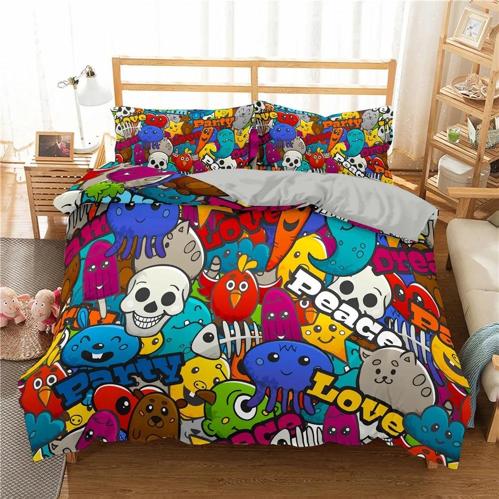 Fashion Bedding Set Cartoon Graffiti Polyester Duvet Cover Pillowcase Single King Double Full Queen Size Polyester Quilt Cover