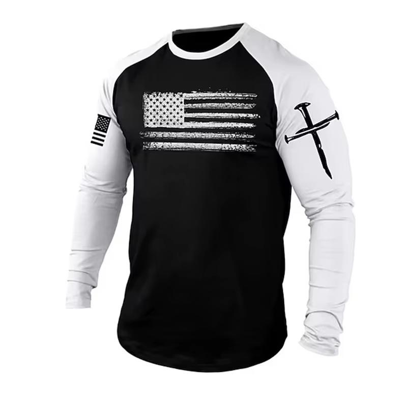 Men's Long sleeves T-shirts Gym 3D Print USA Flag Casual Round neck Tops