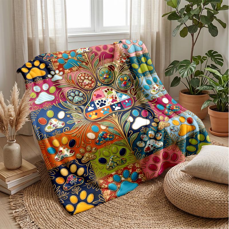 Colorful Paw Prints Pattern Blanket Personalized Name Flannel Blanket Soft Cozy Plush Throw for Sofa Bed Lightweight Home Decor