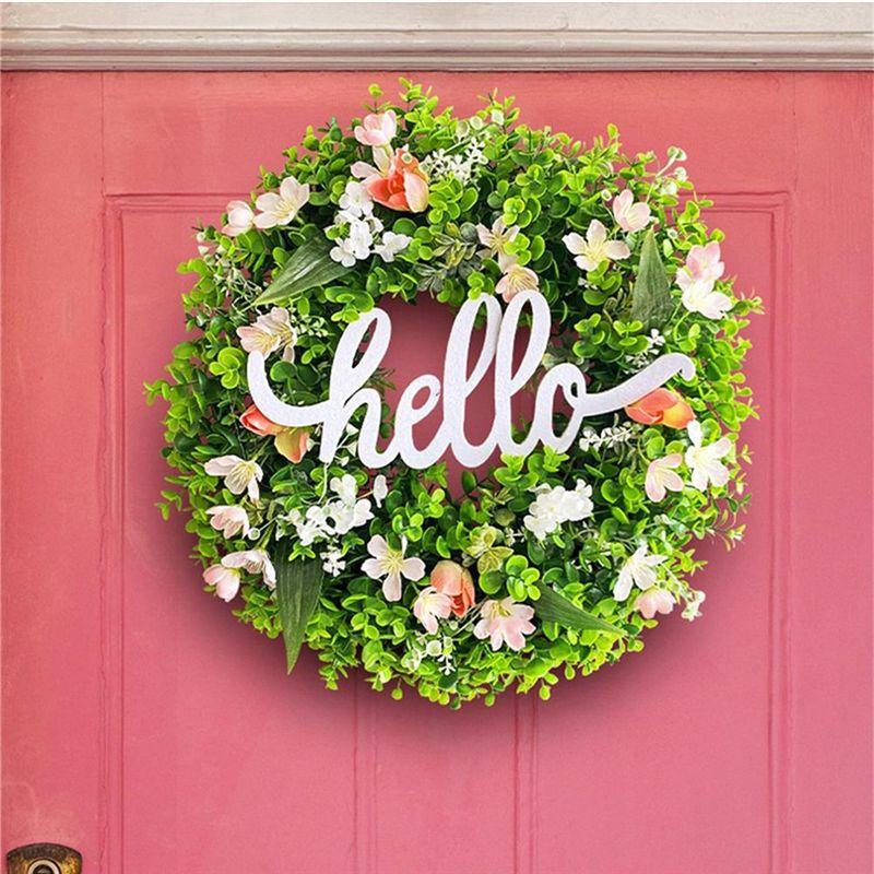AAAF Alphabet Wreath Green Artificial Wreaths With Hello Sign Flower Wreath For Front Door Wall Window Festival Wreath