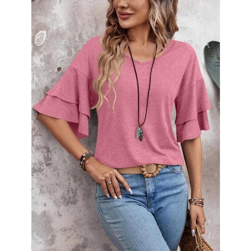 Summer New Solid Color V-neck Double-layer Sleeve Loose T-shirt Short-sleeved Women