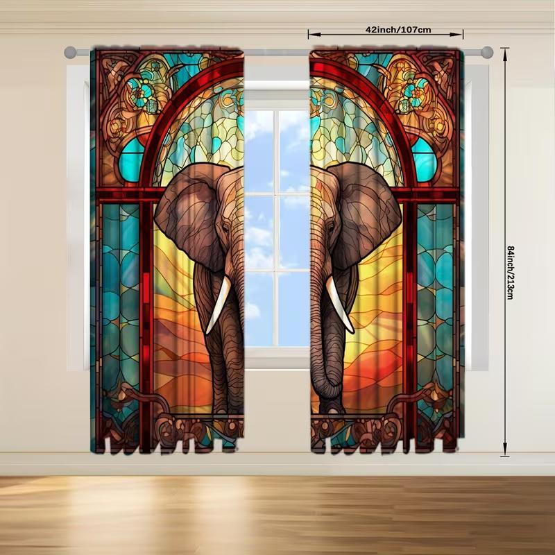 Set Of 2 Elephant Print Curtains Suitable Bedroom Living Room Kitchen Decoration Home Window Curtain Polyester Ideal For Great