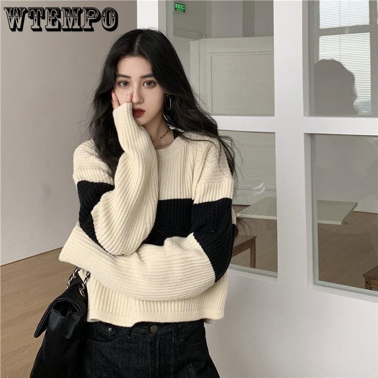 Pulover japonez cu mâneci lungi, tricot decupat în dungi, cu croială lejeră și top pulover