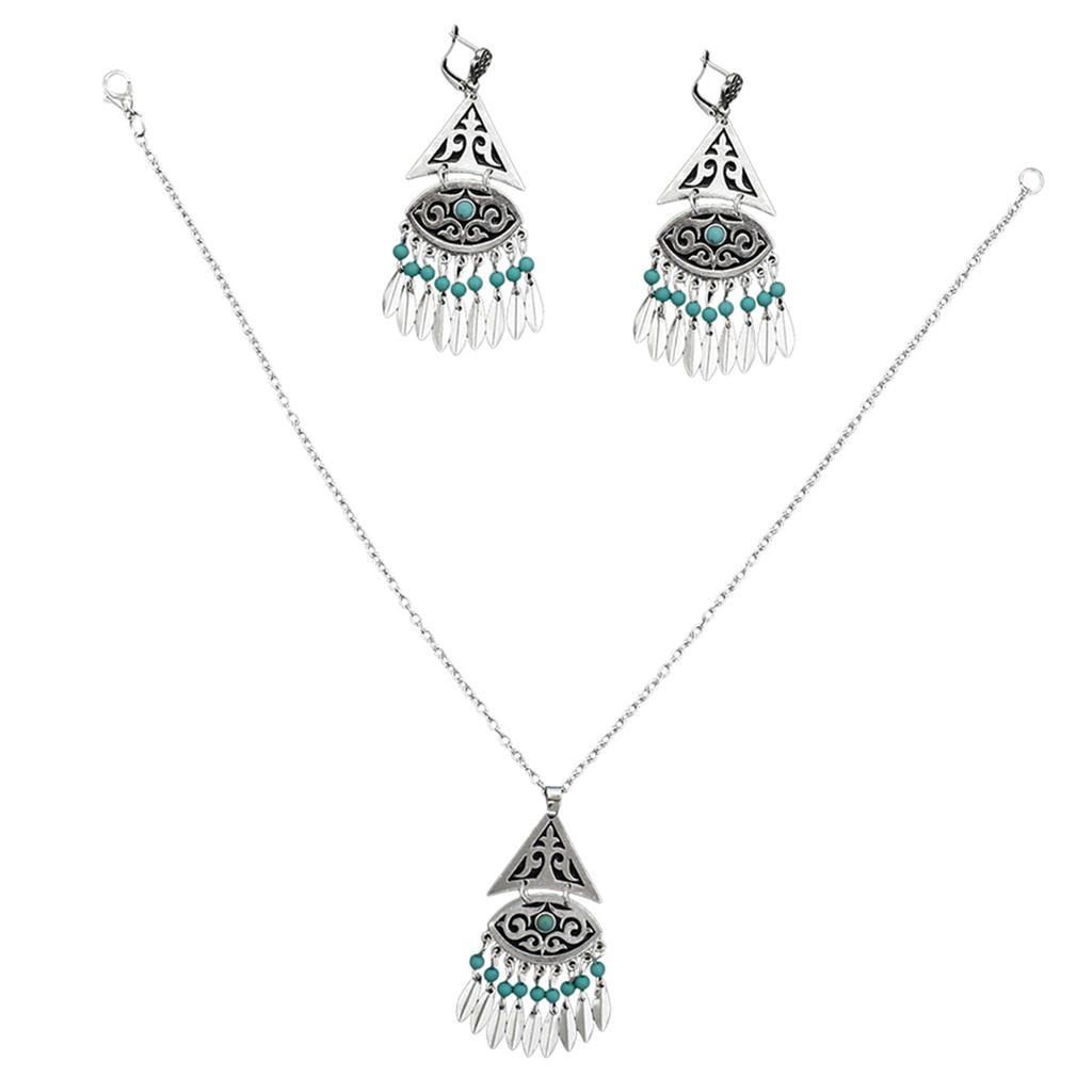 Women's Vintage Bohemian Style Tassel Hook Earrings and Necklace Jewelry Set 74GR